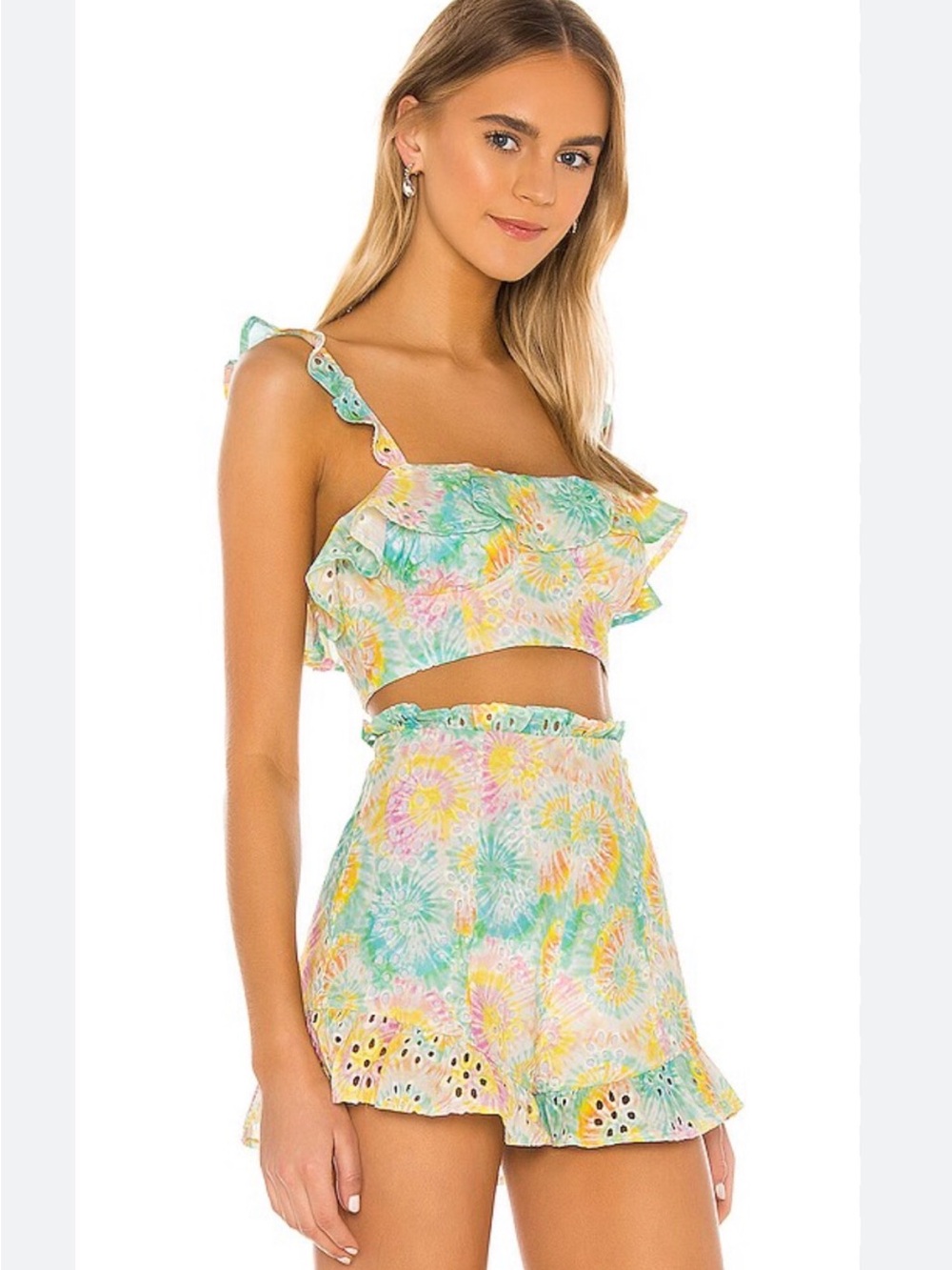 Lovers + Friends Charlotte Tie Dye Eyelet Ruffle Shorts size M